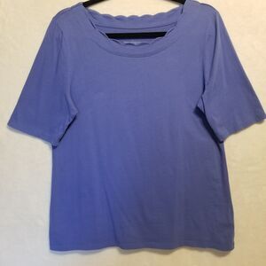 Talbots L T-Shirt Blue Scalloped Neck Pima Cotton Classic Elevated Basic Preppy